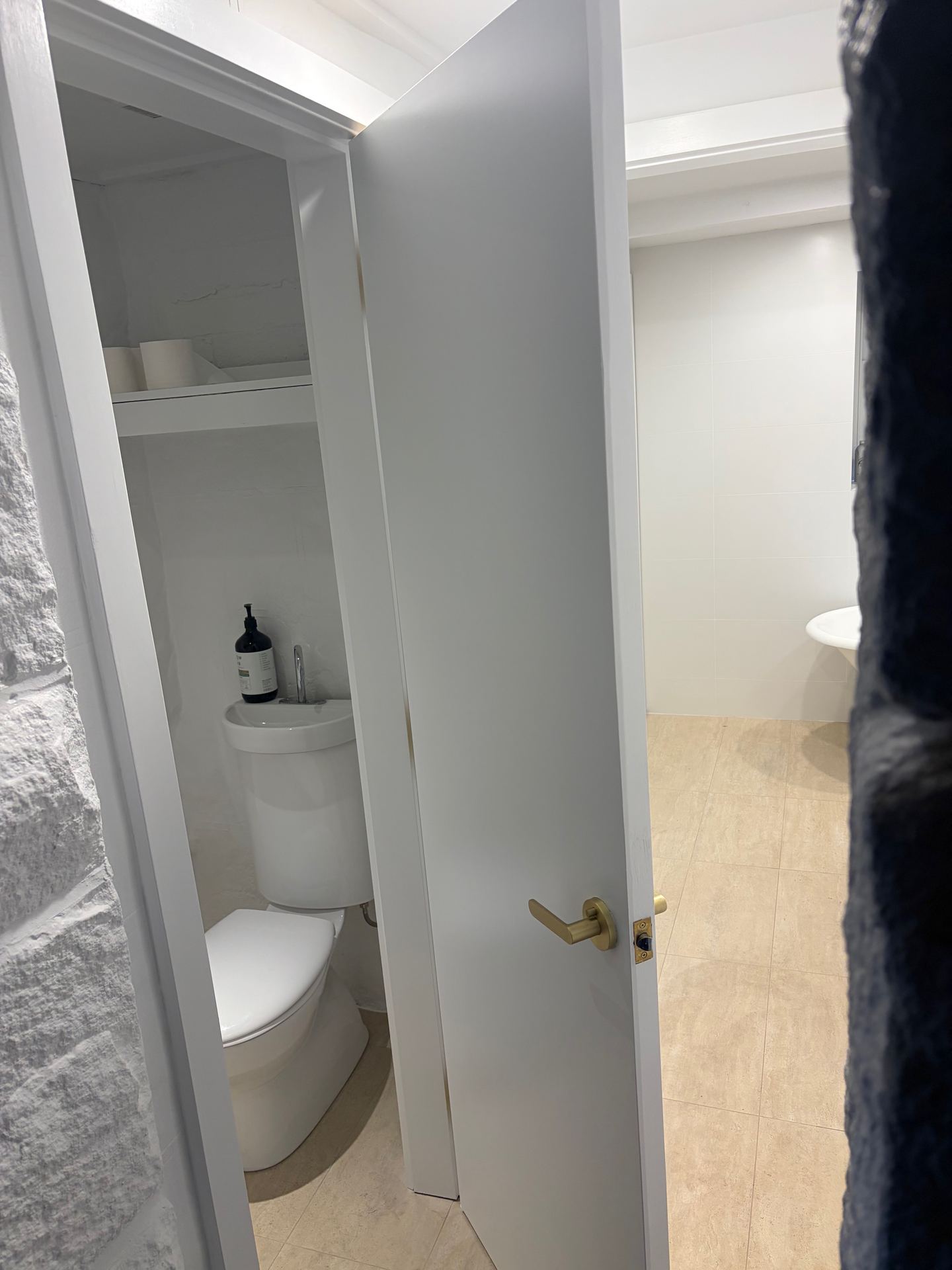 Freestanding bath installed in renovated bathroom