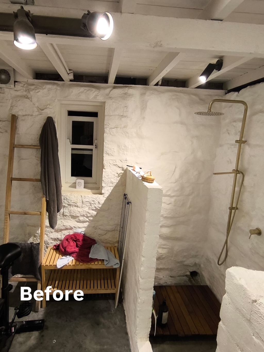Bathroom before renovation, old worn fittings and dated finish