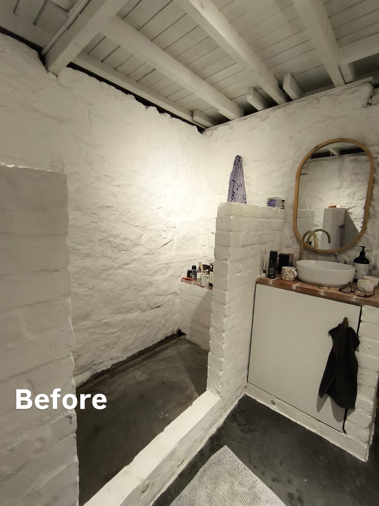 Bathroom before renovation, exposed brick and old vanity